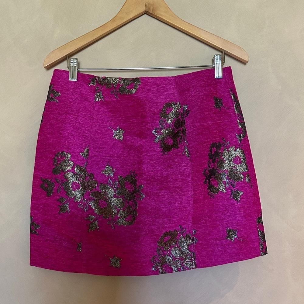 Free People Pink Movin On Metallic  Floral Zip Up Mini Skirt - Picture 5 of 6